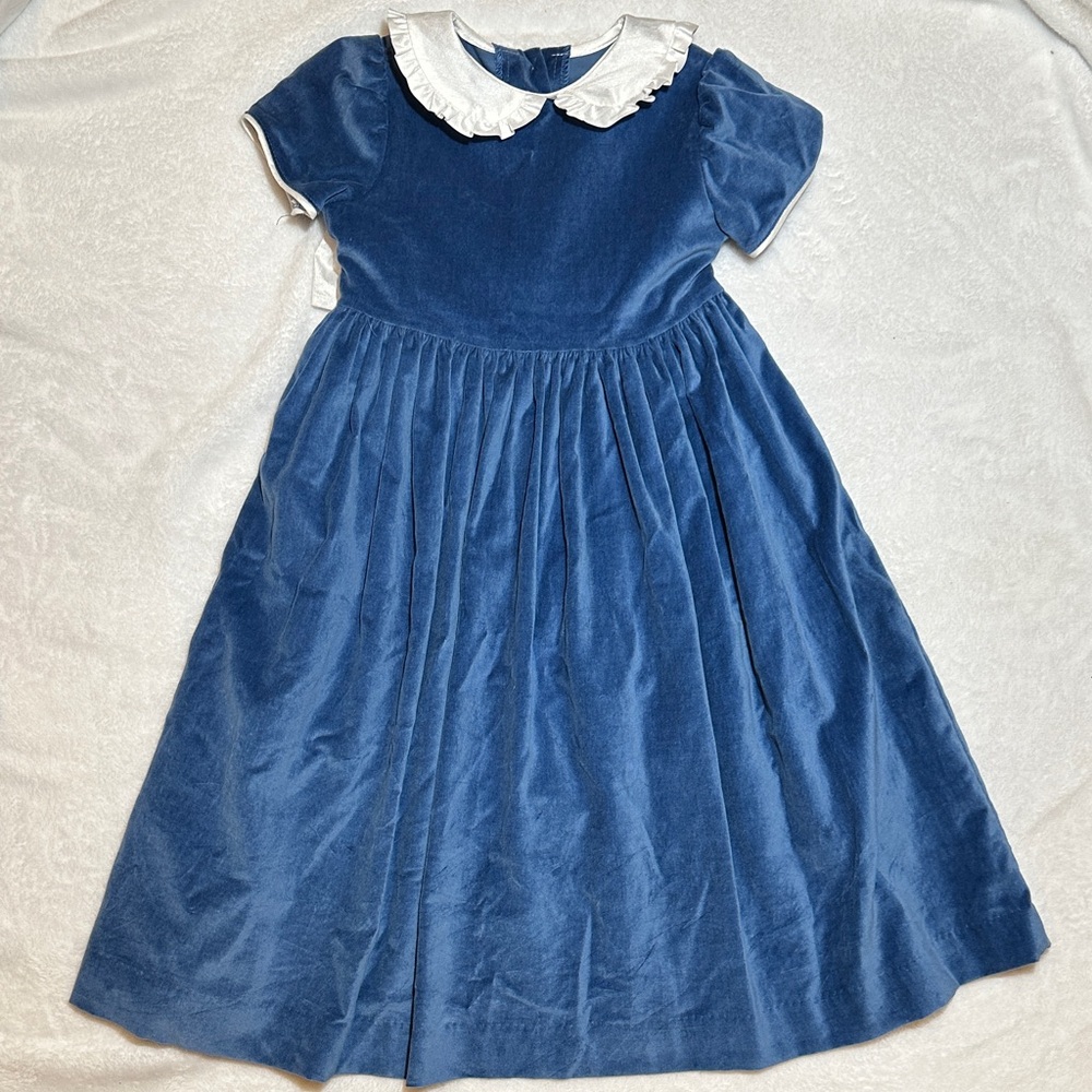 EUC  Funtasia Too dusty Blue Velvet Dress with White silk Collar & belt 5